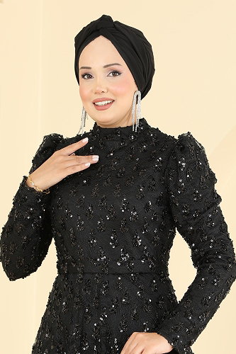 moda selvim فستان سهرة أسود 1031YG95 - Thumbnail