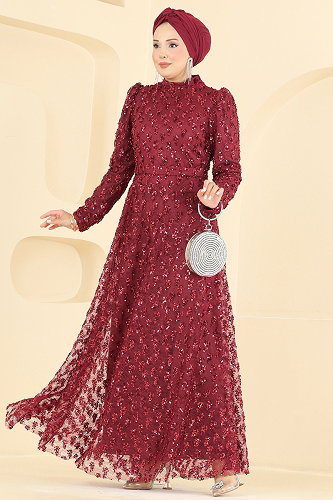 moda selvim Evening Dress 1031YG95 Burgundy - Thumbnail