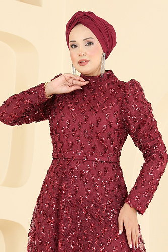 moda selvim Evening Dress 1031YG95 Burgundy - Thumbnail