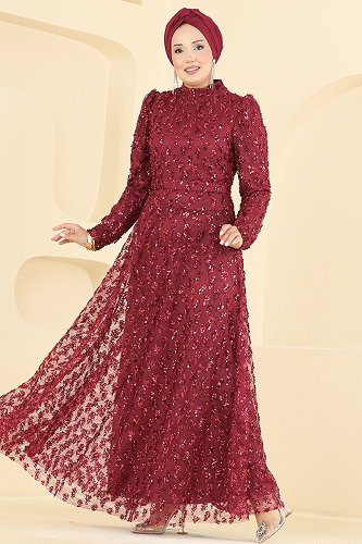 moda selvim فستان سهرة خمري 1031YG95 - Thumbnail