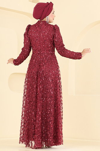 moda selvim فستان سهرة خمري 1031YG95 - Thumbnail