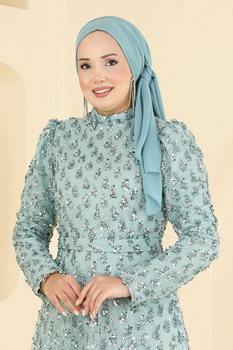moda selvim فستان سهرة أخضر باهت 1031YG95 - Thumbnail