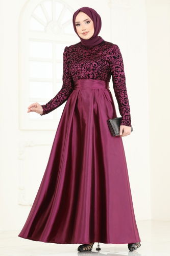 moda selvim Evening Dress 1042ASMK1074 Burgundy - Thumbnail