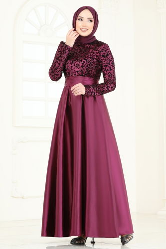 moda selvim Evening Dress 1042ASMK1074 Burgundy - Thumbnail