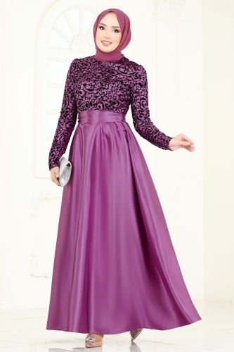 moda selvim Evening Dress 1042ASMK1074 Damson - Thumbnail