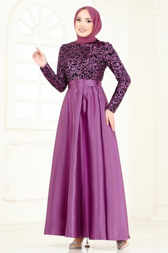 moda selvim Evening Dress 1042ASMK1074 Damson - Thumbnail