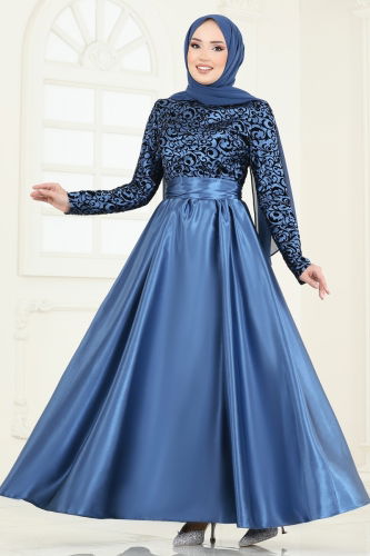 moda selvim Evening Dress 1042ASMK1074 Indigo - Thumbnail