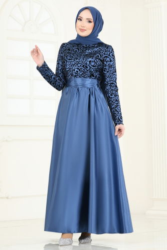 moda selvim Evening Dress 1042ASMK1074 Indigo - Thumbnail