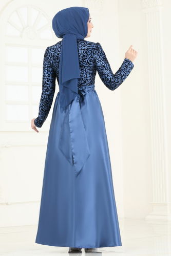 moda selvim Evening Dress 1042ASMK1074 Indigo - Thumbnail