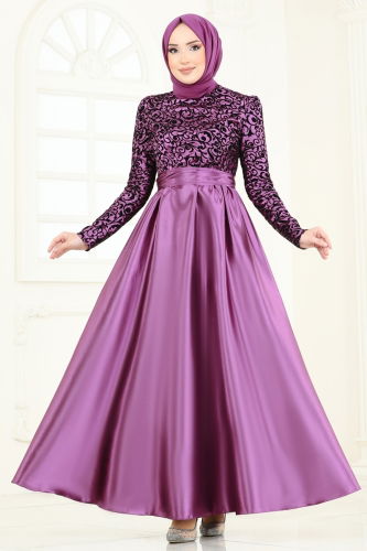 moda selvim Evening Dress 1042ASMK1074 Lilac - Thumbnail