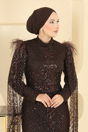 moda selvim Evening Dress 1108MHR1107 Brown - Thumbnail