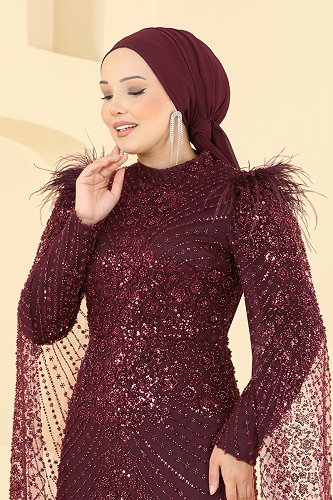 moda selvim فستان سهرة خمري 1108MHR1107 - Thumbnail