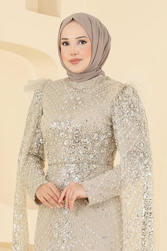 moda selvim Evening Dress 1108MHR1107 Cream - Thumbnail