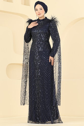 moda selvim فستان سهرة كحلي 1108MHR1107 - Thumbnail