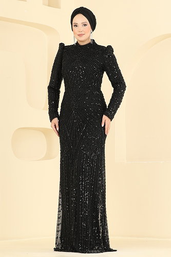 moda selvim Evening Dress 1111MHR1107 Black - Thumbnail