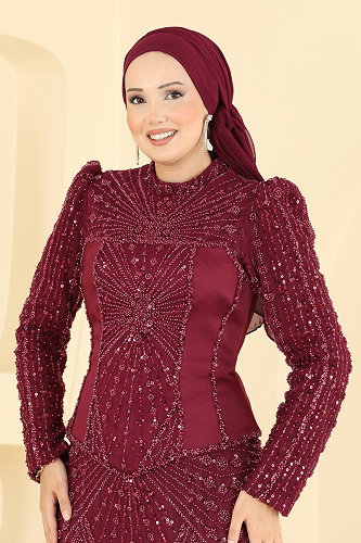 moda selvim Evening Dress 1111MHR1107 Burgundy - Thumbnail