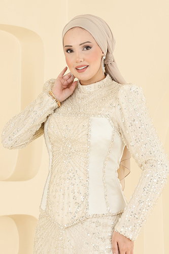 moda selvim فستان سهرة كريمي 1111MHR1107 - Thumbnail