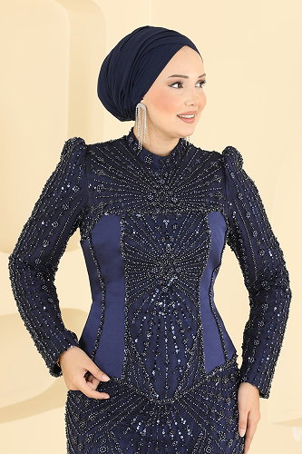 moda selvim فستان سهرة كحلي 1111MHR1107 - Thumbnail