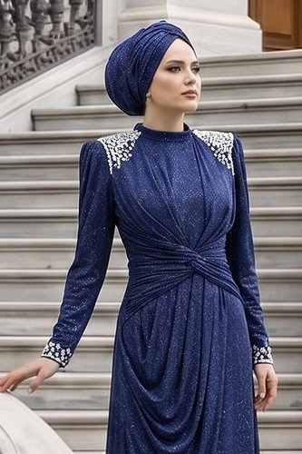 moda selvim Evening Dress 119DMNK1166 Navy Blue - Thumbnail