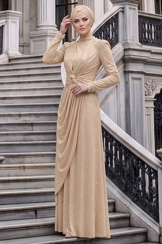 moda selvim Evening Dress 119DMNK1166 Stone - Thumbnail