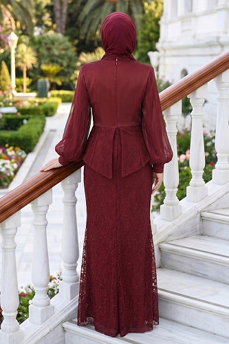 moda selvim Evening Dress 135DMNK1166 Burgundy - Thumbnail