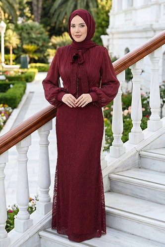 moda selvim Evening Dress 135DMNK1166 Burgundy - Thumbnail