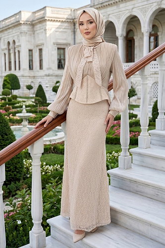 moda selvim Evening Dress 135DMNK1166 Cream - Thumbnail