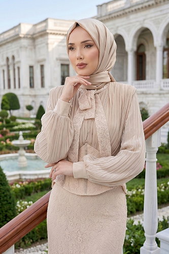 moda selvim فستان سهرة كريمي 135DMNK1166 - Thumbnail