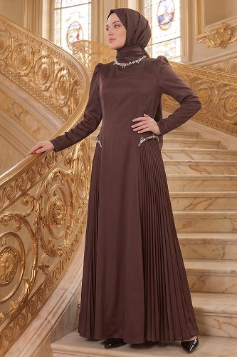 moda selvim فستان سهرة بني 145DMNK1166 - Thumbnail