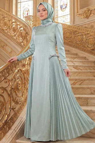 moda selvim فستان سهرة أخضر باهت 145DMNK1166 - Thumbnail