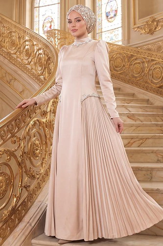 moda selvim Evening Dress 145DMNK1166 Stone - Thumbnail