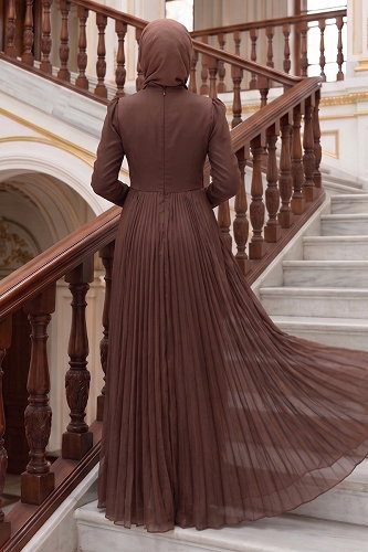 moda selvim فستان سهرة بني 149DMNK1166 - Thumbnail