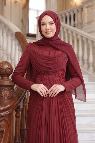 moda selvim Evening Dress 149DMNK1166 Burgundy - Thumbnail