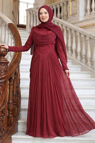 moda selvim Evening Dress 149DMNK1166 Burgundy - Thumbnail