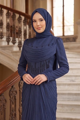 moda selvim Evening Dress 149DMNK1166 Navy Blue - Thumbnail