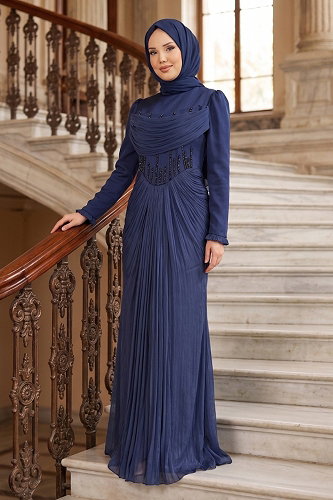 moda selvim Evening Dress 149DMNK1166 Navy Blue - Thumbnail