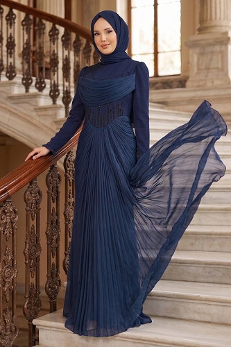 moda selvim Evening Dress 149DMNK1166 Navy Blue - Thumbnail