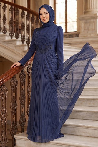 moda selvim فستان سهرة كحلي 149DMNK1166 - Thumbnail
