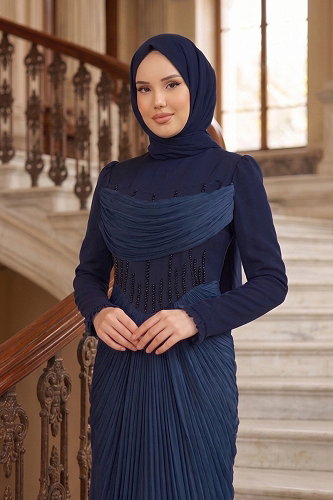 moda selvim فستان سهرة كحلي 149DMNK1166 - Thumbnail