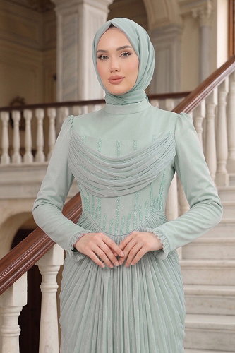 moda selvim فستان سهرة اخضر فاتح 149DMNK1166 - Thumbnail