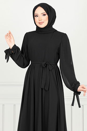 moda selvim فستان سهرة أسود 16217BSK984-M - Thumbnail