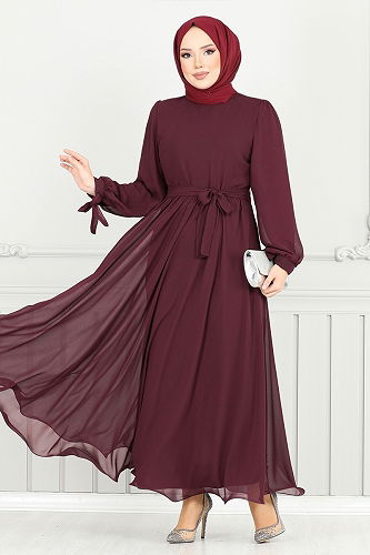 moda selvim Evening Dress 16217BSK984-M Burgundy - Thumbnail