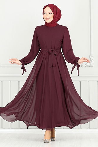 moda selvim فستان سهرة خمري 16217BSK984-M - Thumbnail