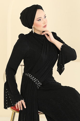 moda selvim Evening Dress 173DMNK1166 Black - Thumbnail