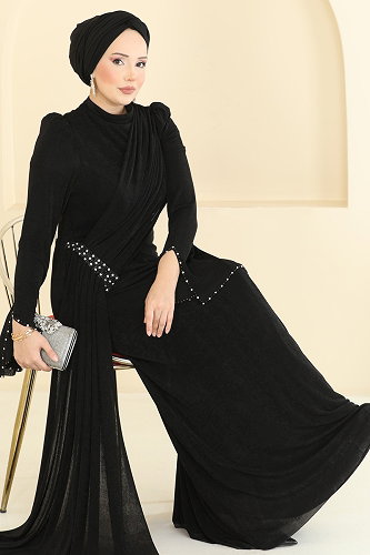 moda selvim فستان سهرة أسود 173DMNK1166 - Thumbnail
