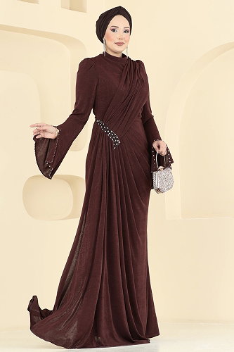 moda selvim Evening Dress 173DMNK1166 Brown - Thumbnail