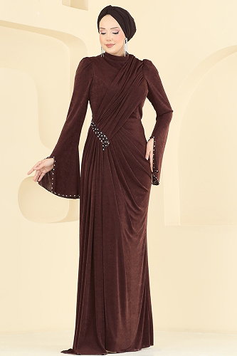 moda selvim Evening Dress 173DMNK1166 Brown - Thumbnail