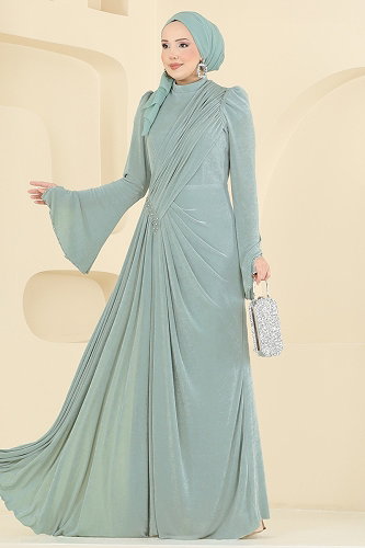 moda selvim فستان سهرة أخضر باهت 173DMNK1166 - Thumbnail