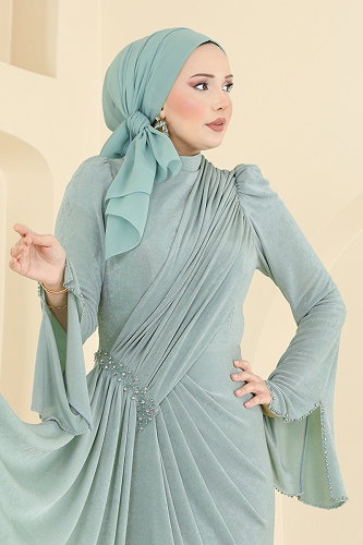 moda selvim فستان سهرة أخضر باهت 173DMNK1166 - Thumbnail