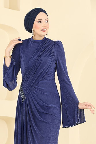 moda selvim فستان سهرة كحلي 173DMNK1166 - Thumbnail